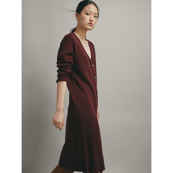 Massimo Dutti Wool Blend V- Neck Button Down Sweater Dress Wine Burgundy Sz S - Picture 2 of 9